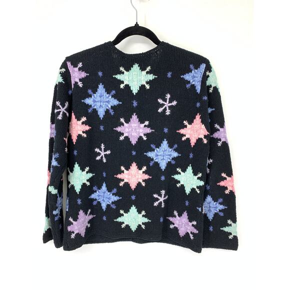 Talbots Petites Size MP Snowflake Print Button Front Cardigan Sweater Black Pink - Picture 5 of 5